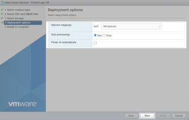 Esxi wizard showing the network mappings drop-down, disk provisioning options, and power on automatically option. 